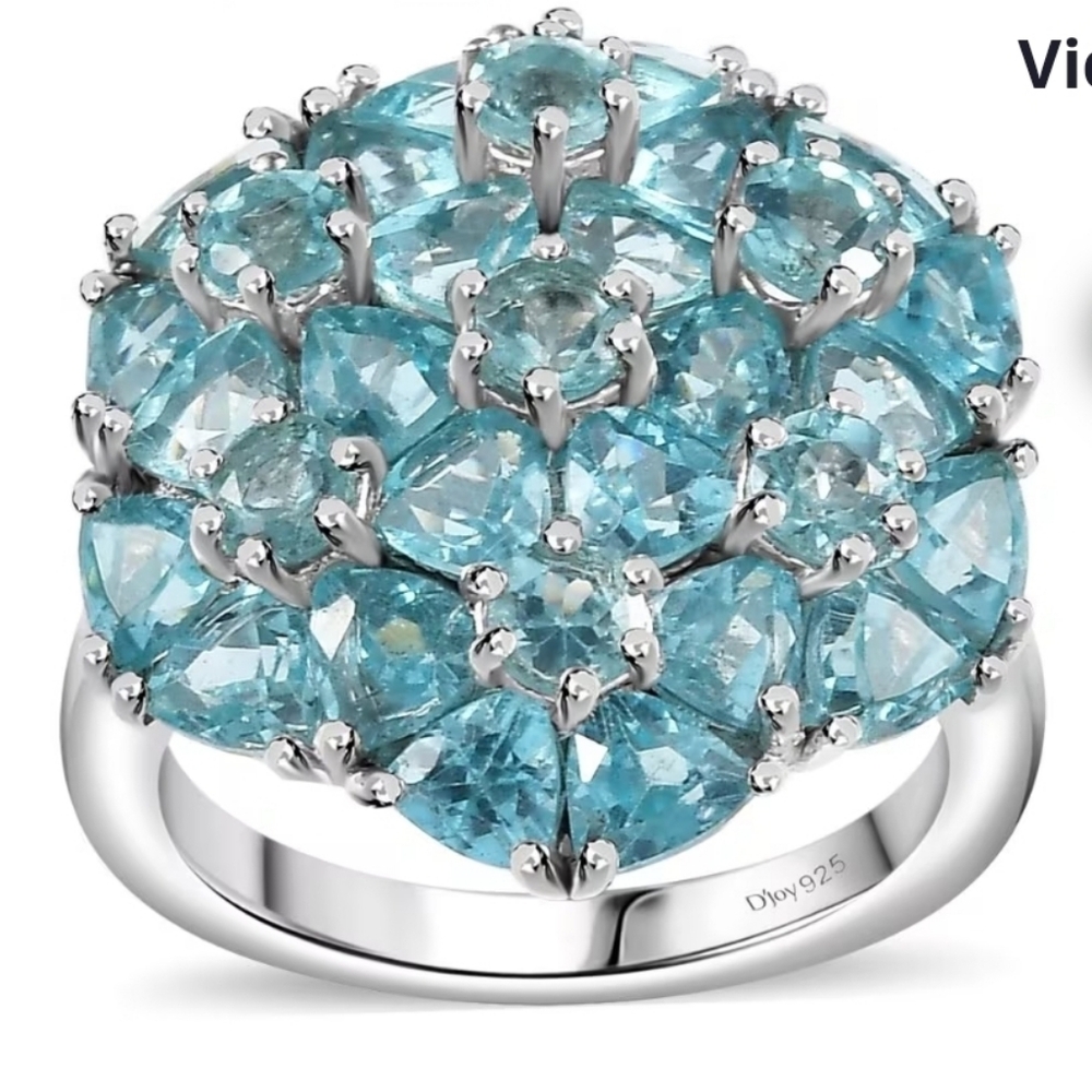 All Natural Paraiba Apatite Cluster Platinum/925 Size 6 - Picture 4 of 17